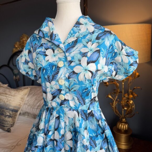 Vivien of Holloway Retro Kitty Plumeria Blue 50s Style Cotton Dress - Picture 6 of 14